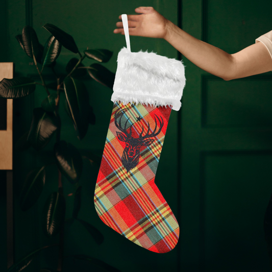 Antlered Deer Christmas Stocking, Flannel Holiday Stocking, Rustic Deer Stocking, Farmhouse Christmas Decor, Plaid Xmas Mantel Stocking