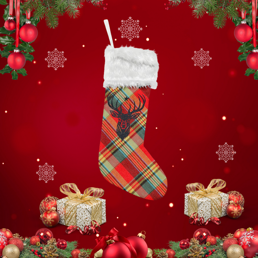 Antlered Deer Christmas Stocking, Flannel Holiday Stocking, Rustic Deer Stocking, Farmhouse Christmas Decor, Plaid Xmas Mantel Stocking