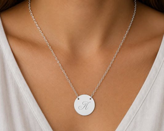 Engraved Initial Circle Necklace – Personalized Monogram Pendant (Silver or Rose Gold)