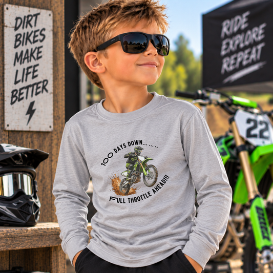 100 Days of School Dirt Bike Shirt, 100 Days Down Full Throttle Ahead, Boys 100th Day Shirt, Kids Motocross Long Sleeve Tee