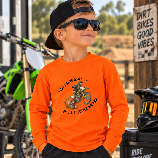 100 Days of School Dirt Bike Shirt, 100 Days Down Full Throttle Ahead, Boys 100th Day Shirt, Kids Motocross Long Sleeve Tee