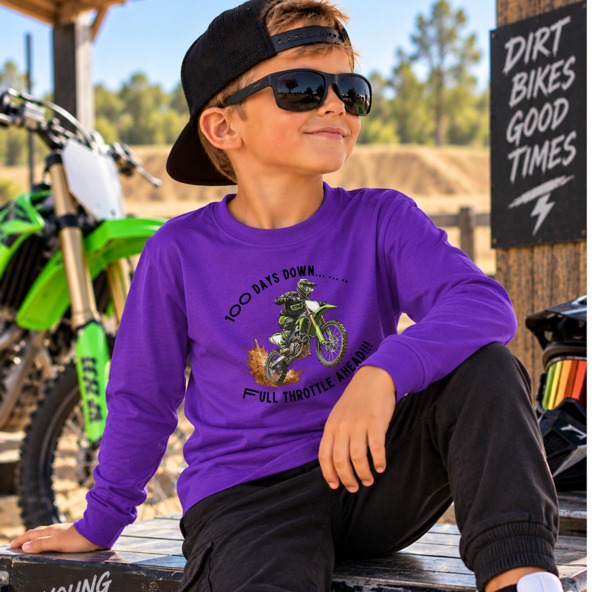 100 Days of School Dirt Bike Shirt, 100 Days Down Full Throttle Ahead, Boys 100th Day Shirt, Kids Motocross Long Sleeve Tee
