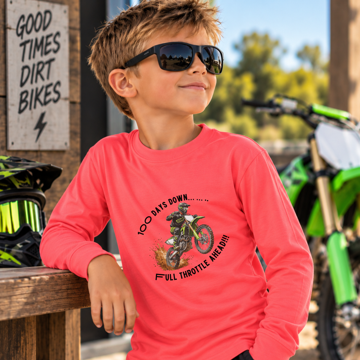 100 Days of School Dirt Bike Shirt, 100 Days Down Full Throttle Ahead, Boys 100th Day Shirt, Kids Motocross Long Sleeve Tee