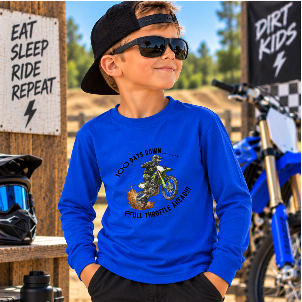 100 Days of School Dirt Bike Shirt, 100 Days Down Full Throttle Ahead, Boys 100th Day Shirt, Kids Motocross Long Sleeve Tee