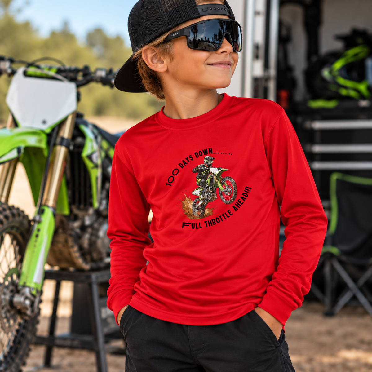 100 Days of School Dirt Bike Shirt, 100 Days Down Full Throttle Ahead, Boys 100th Day Shirt, Kids Motocross Long Sleeve Tee