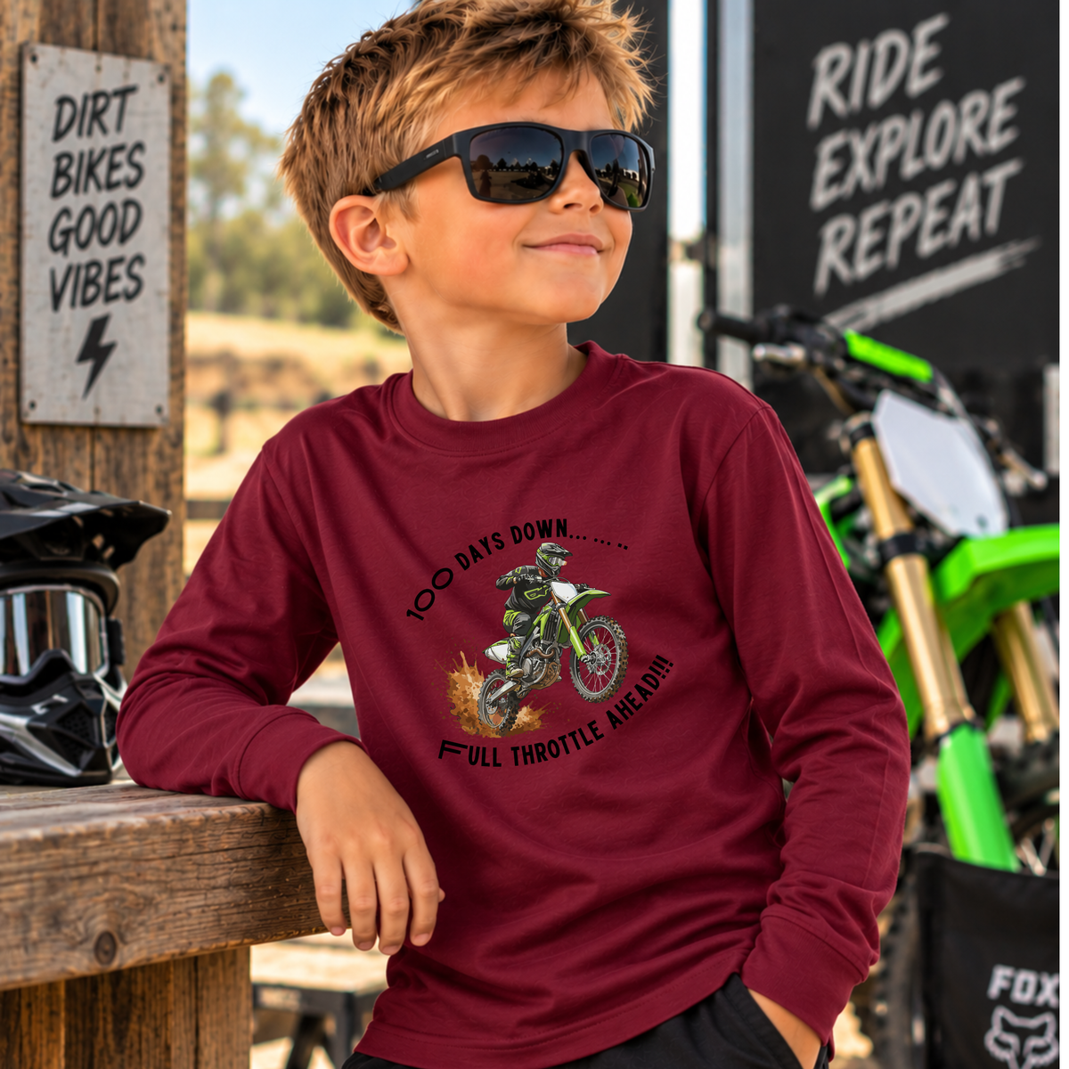 100 Days of School Dirt Bike Shirt, 100 Days Down Full Throttle Ahead, Boys 100th Day Shirt, Kids Motocross Long Sleeve Tee