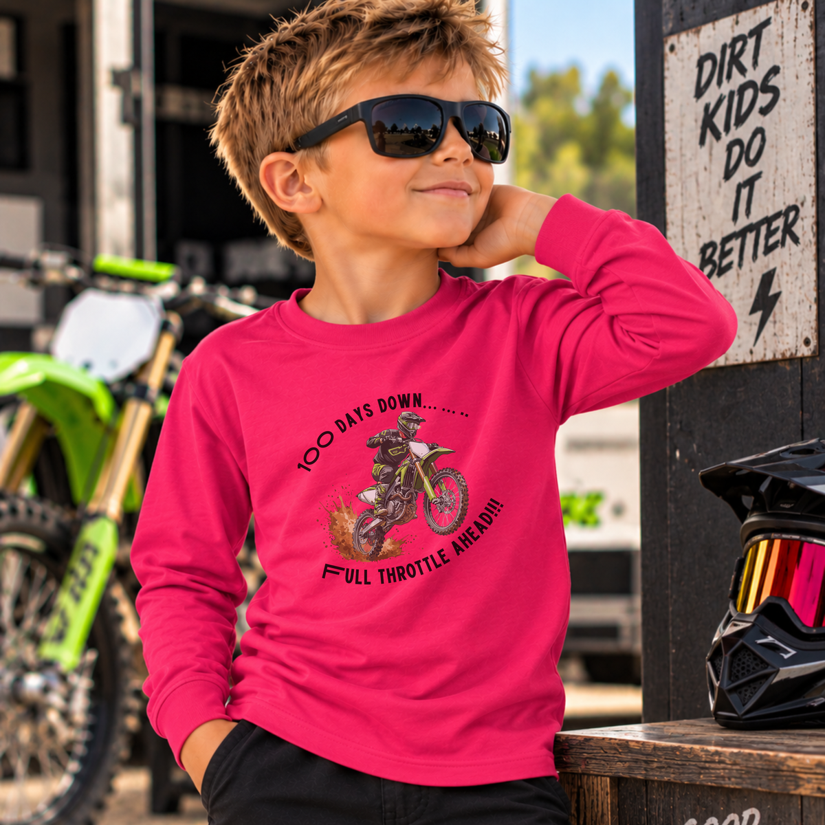 100 Days of School Dirt Bike Shirt, 100 Days Down Full Throttle Ahead, Boys 100th Day Shirt, Kids Motocross Long Sleeve Tee