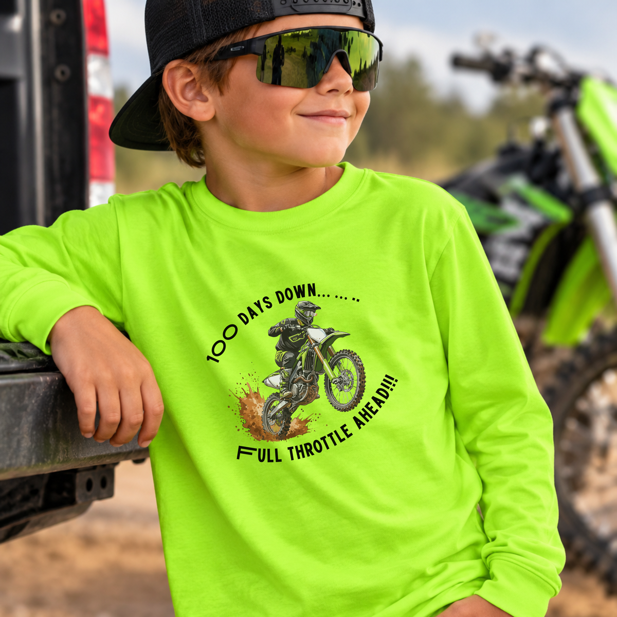 100 Days of School Dirt Bike Shirt, 100 Days Down Full Throttle Ahead, Boys 100th Day Shirt, Kids Motocross Long Sleeve Tee