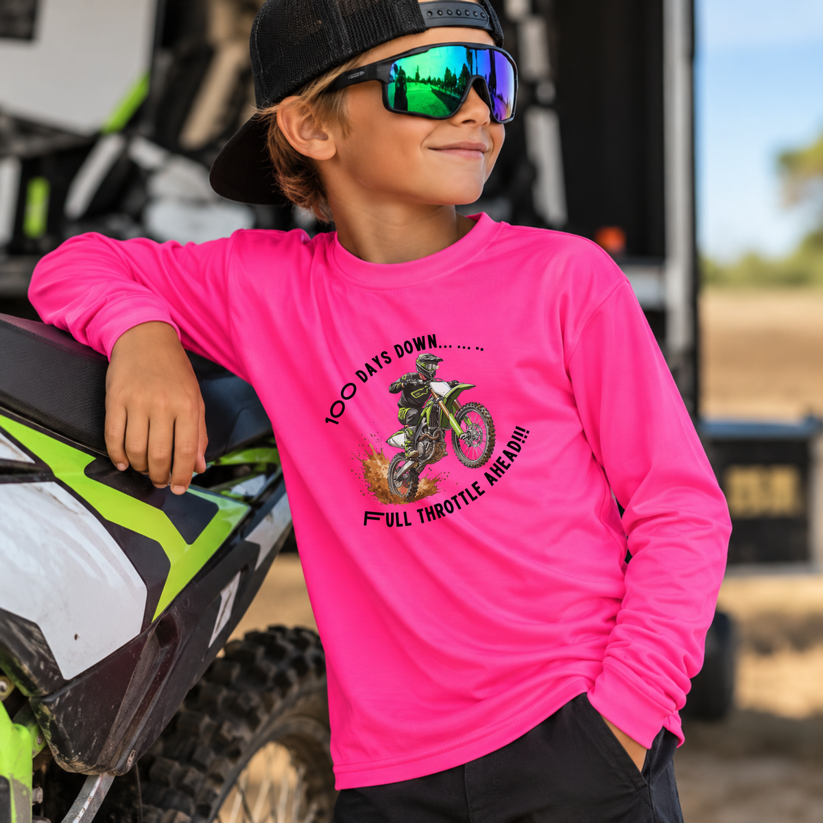 100 Days of School Dirt Bike Shirt, 100 Days Down Full Throttle Ahead, Boys 100th Day Shirt, Kids Motocross Long Sleeve Tee