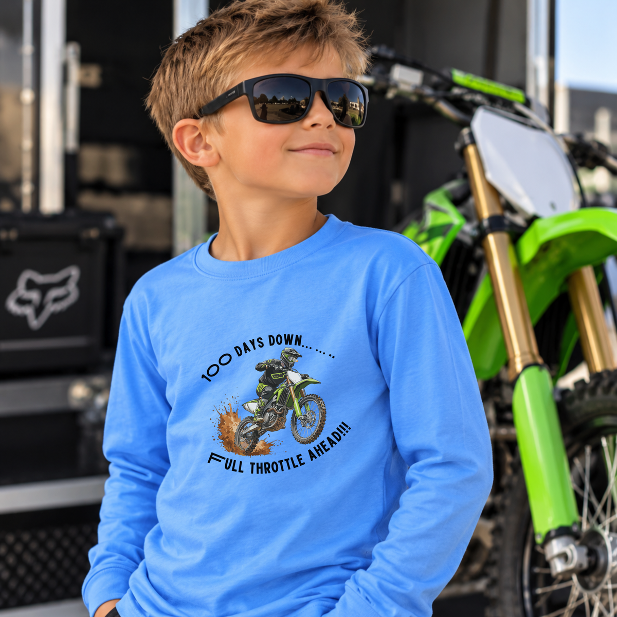100 Days of School Dirt Bike Shirt, 100 Days Down Full Throttle Ahead, Boys 100th Day Shirt, Kids Motocross Long Sleeve Tee