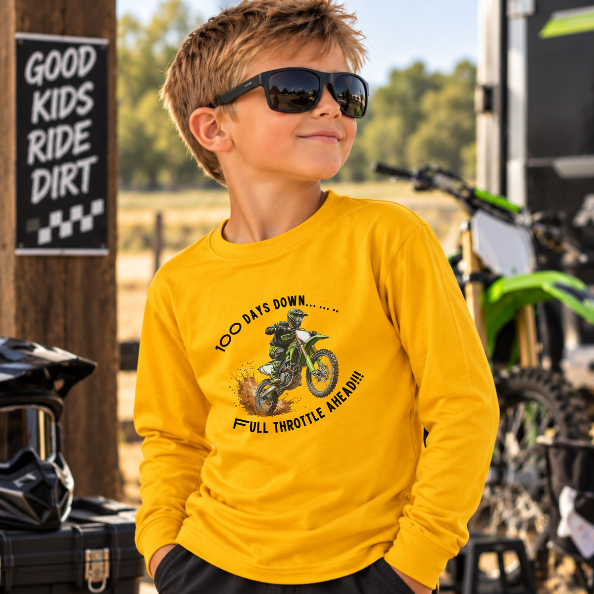 100 Days of School Dirt Bike Shirt, 100 Days Down Full Throttle Ahead, Boys 100th Day Shirt, Kids Motocross Long Sleeve Tee