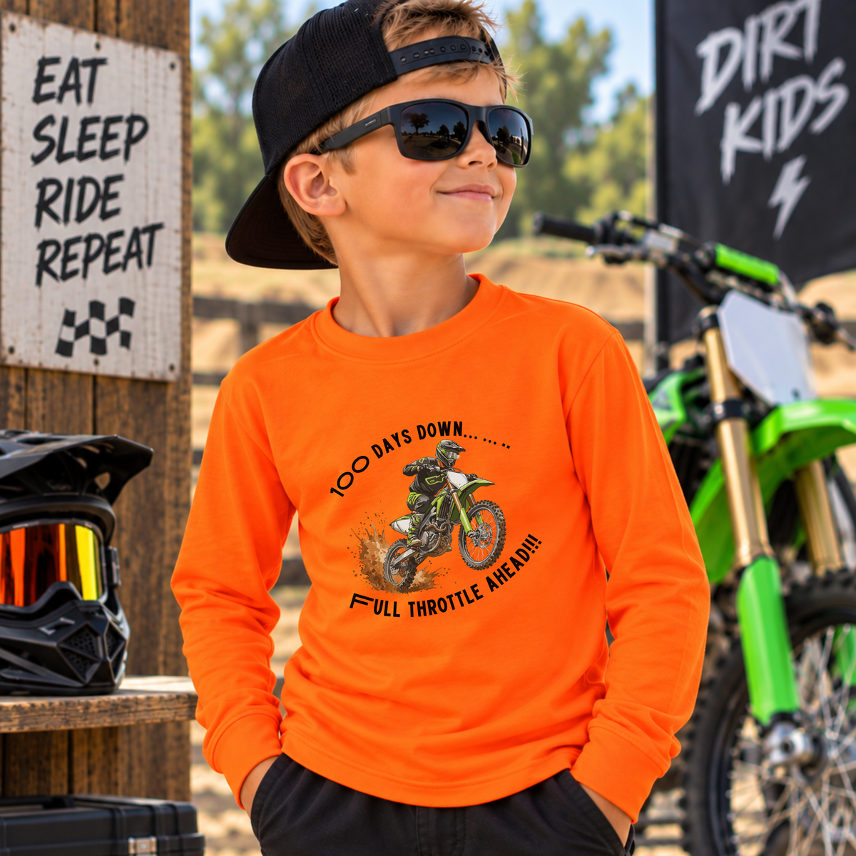 100 Days of School Dirt Bike Shirt, 100 Days Down Full Throttle Ahead, Boys 100th Day Shirt, Kids Motocross Long Sleeve Tee