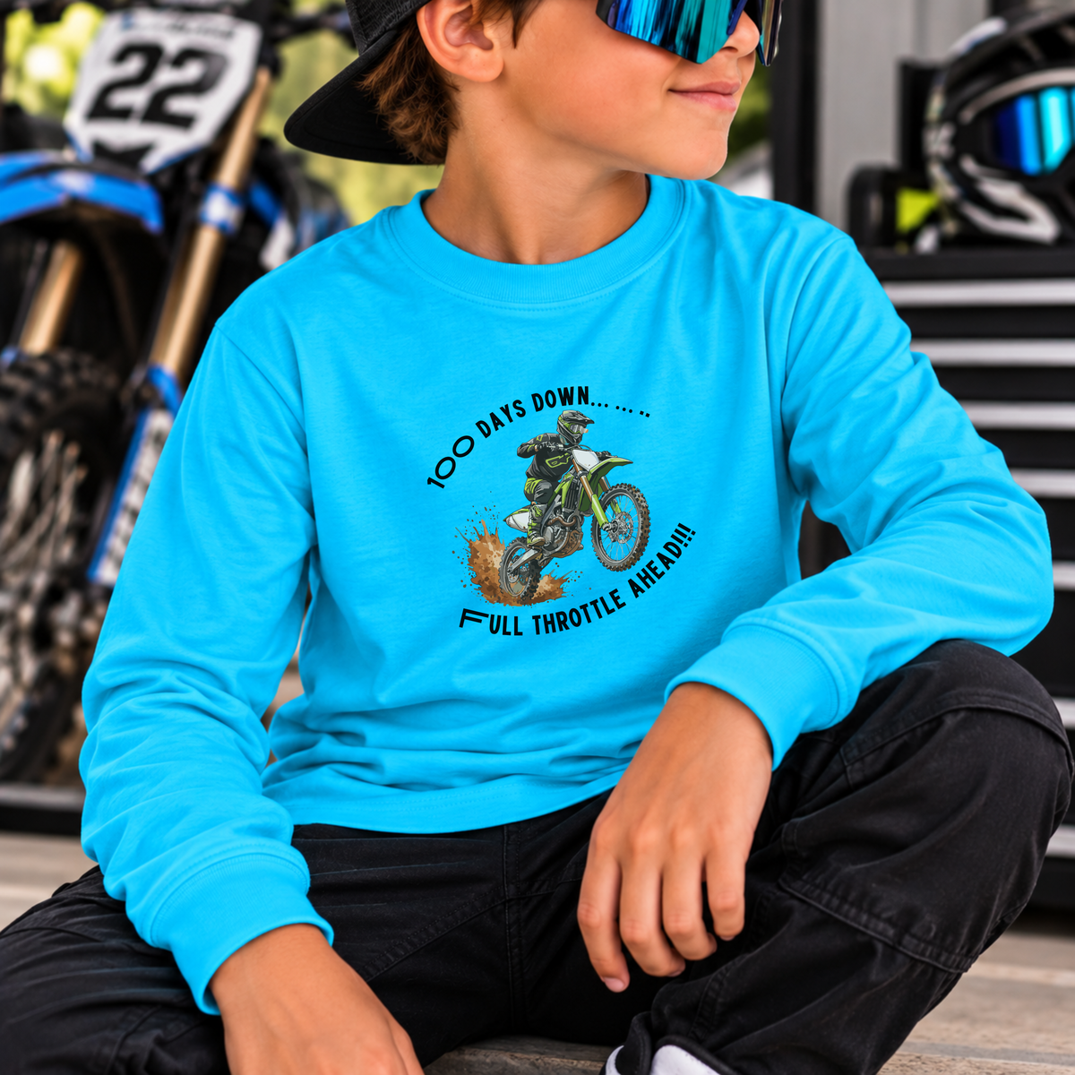 100 Days of School Dirt Bike Shirt, 100 Days Down Full Throttle Ahead, Boys 100th Day Shirt, Kids Motocross Long Sleeve Tee