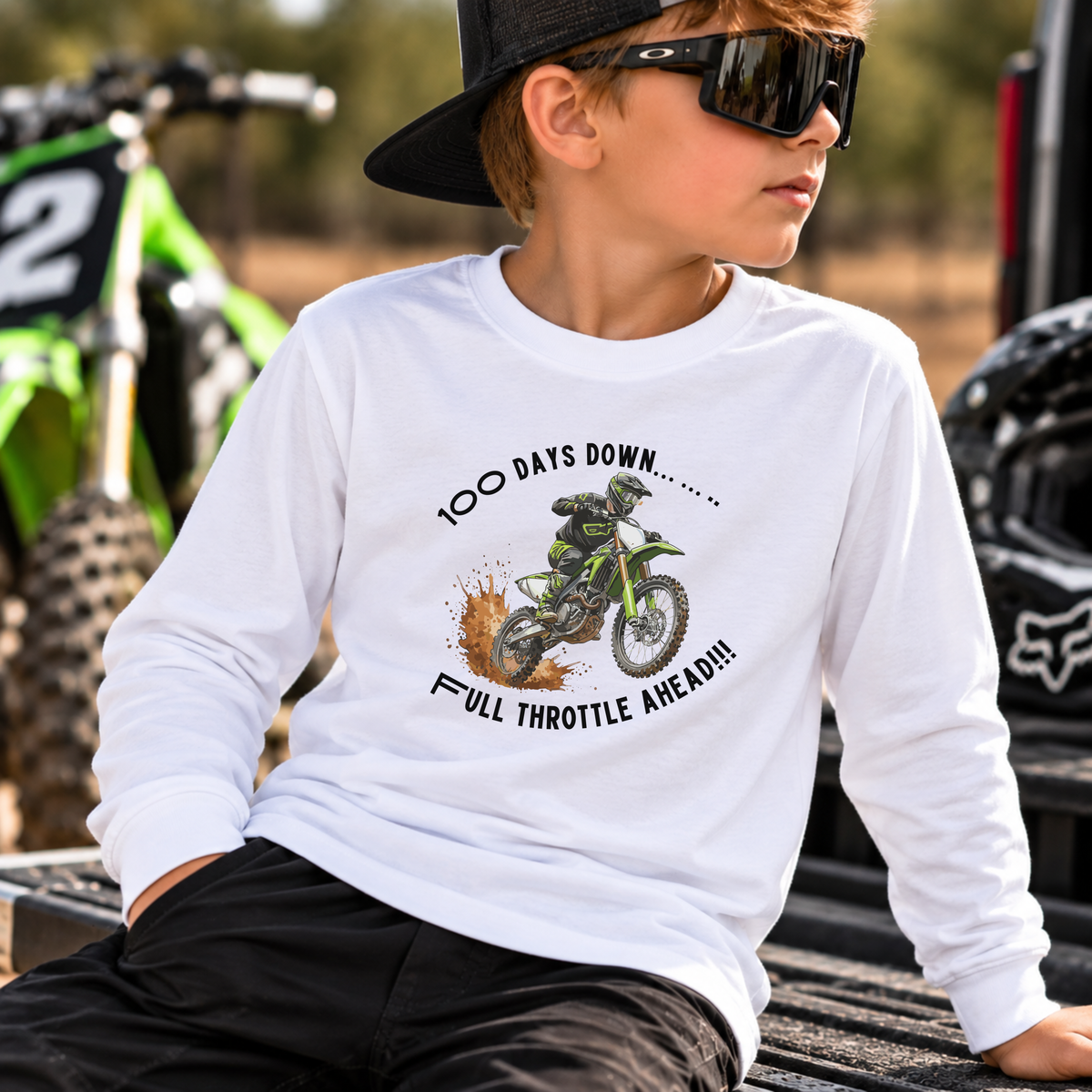 100 Days of School Dirt Bike Shirt, 100 Days Down Full Throttle Ahead, Boys 100th Day Shirt, Kids Motocross Long Sleeve Tee