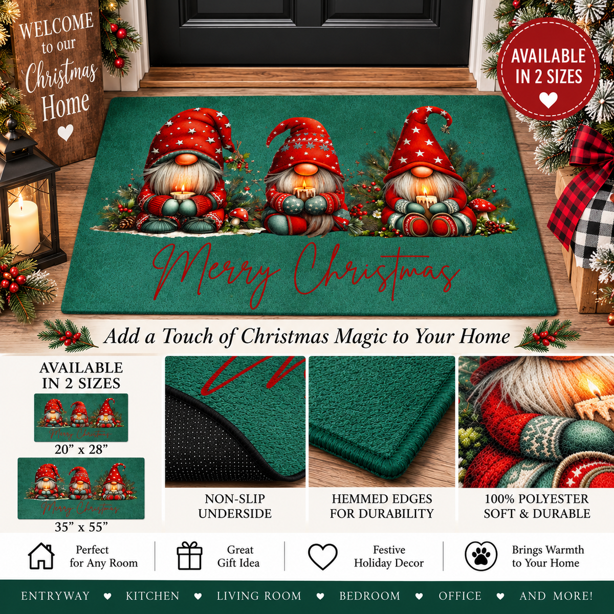 Christmas Gnome Rug, Merry Christmas Doormat, Holiday Entryway Rug, Christmas Kitchen Mat, Gnome Christmas Decor