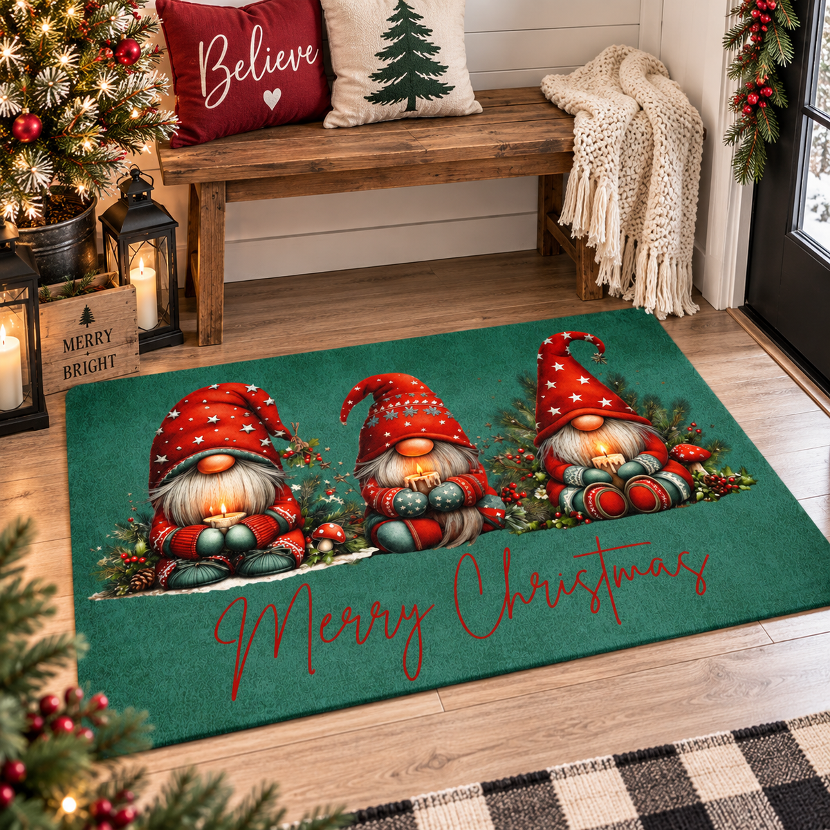 Christmas Gnome Rug, Merry Christmas Doormat, Holiday Entryway Rug, Christmas Kitchen Mat, Gnome Christmas Decor