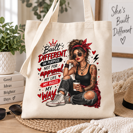 Built Different Tote Bag, My Life My Rules Bag, Sassy Tote for Women, Bold Graphic Canvas Bag