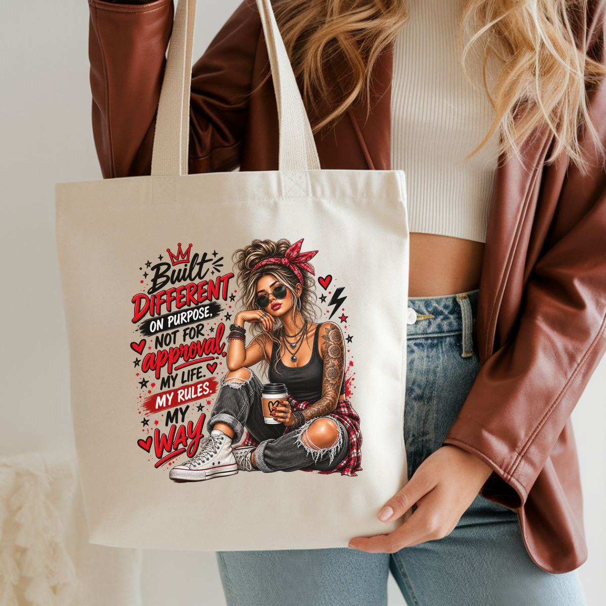 Built Different Tote Bag, My Life My Rules Bag, Sassy Tote for Women, Bold Graphic Canvas Bag